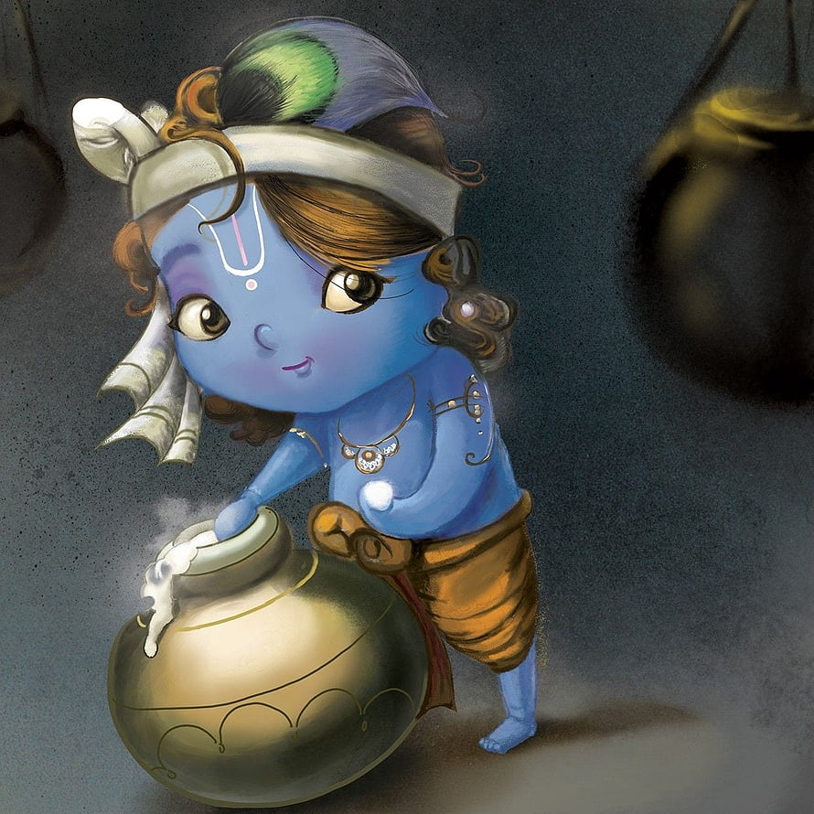 Cute Blue-Skinned Hindu Deity Child Pouring Milk from a Golden Pot HD phone wallpaper