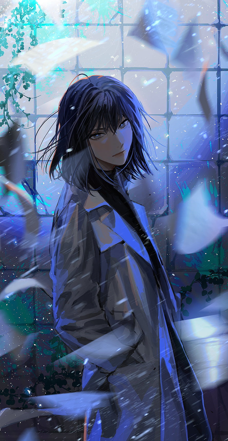 Han Sooyoung Anime Character in a Long Coat Amidst Falling Snow and Blue Light HD phone wallpaper