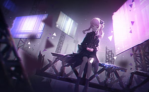 Project Sekai Anime Girl Sitting on Industrial Scaffold with Glowing Screens HD wallpaper