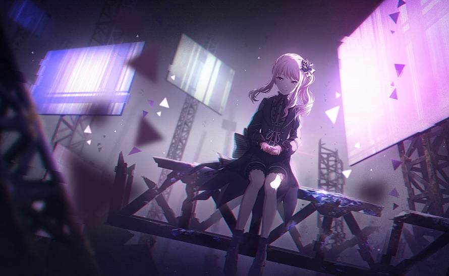 Project Sekai Anime Girl Sitting on Industrial Scaffold with Glowing Screens HD wallpaper