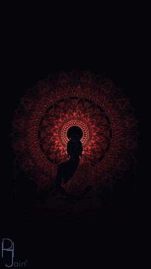 Meditating Buddha Silhouette with Glowing Red Mandala Halo on Black Background HD phone wallpaper