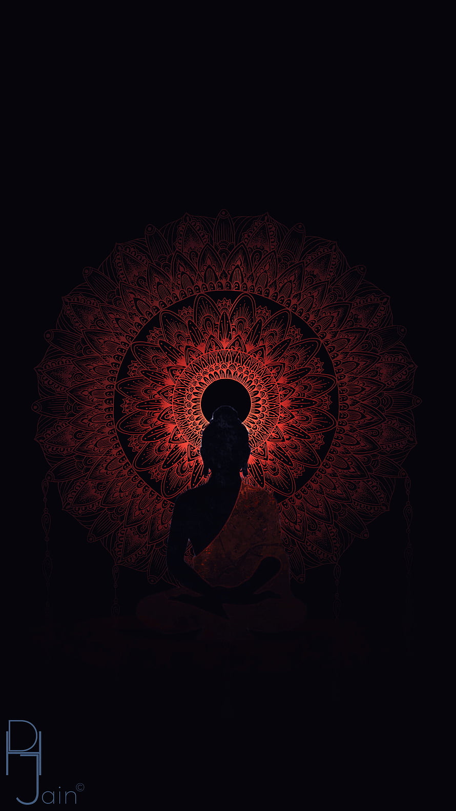 Meditating Buddha Silhouette with Glowing Red Mandala Halo on Black Background HD phone wallpaper