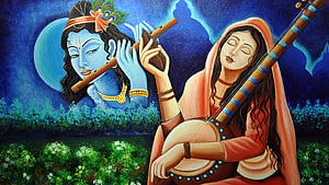 Meera Bai Playing Veena Before Krishna in a Moonlit Garden HD wallpaper