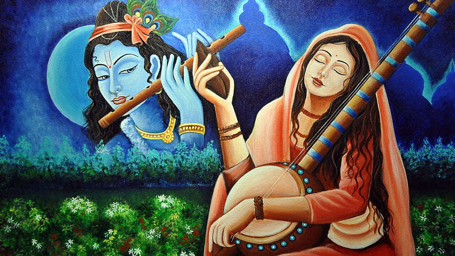 Meera Bai Playing Veena Before Krishna in a Moonlit Garden HD wallpaper