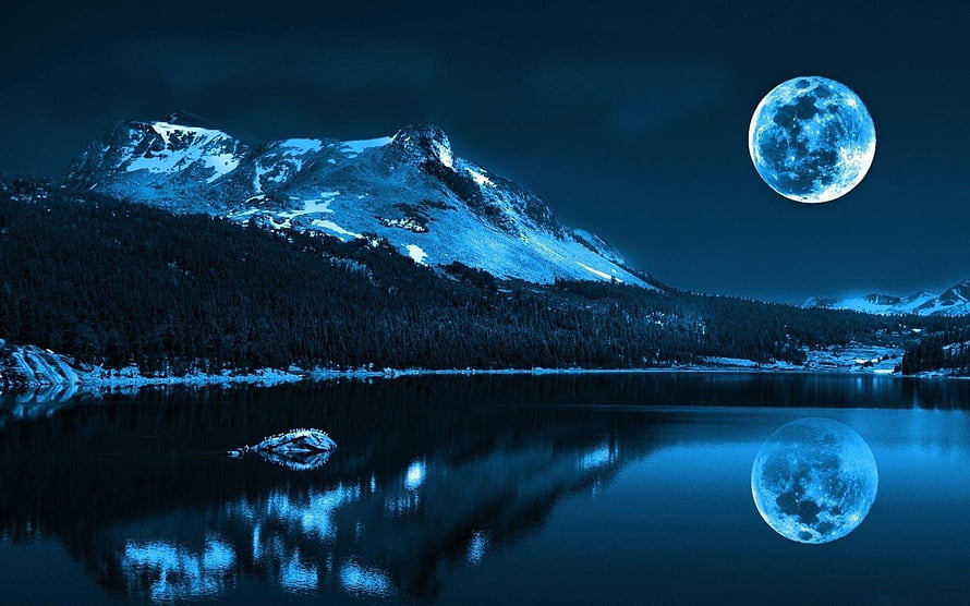 Serene Nighttime Mountain Lake with Full Moon Reflection and Snowy Peaks HD wallpaper