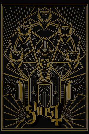 Ghost Band Gothic Artwork Featuring Papa Emeritus and Demon Masks in Gold and Black HD phone wallpaper