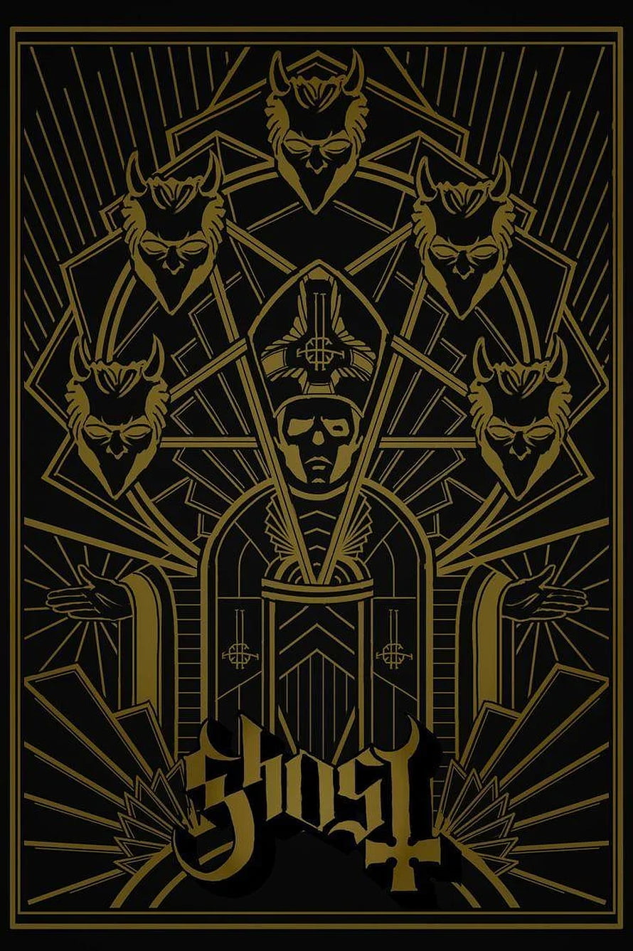 Ghost Band Gothic Artwork Featuring Papa Emeritus and Demon Masks in Gold and Black HD phone wallpaper