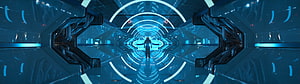 Futuristic Sci-Fi Corridor with Glowing Blue Neon Lights and Central Figure HD wallpaper
