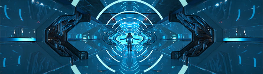 Futuristic Sci-Fi Corridor with Glowing Blue Neon Lights and Central Figure HD wallpaper