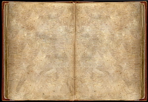 Open antique book spread with aged parchment pages and faded ink marks HD wallpaper