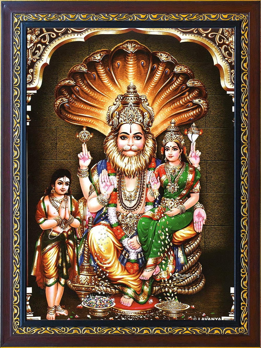 Lakshmi Narasimha Swamy Traditional Indian Deity Painting With Ornate Gold Frame HD phone wallpaper