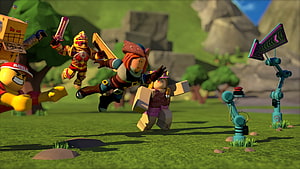 Roblox Blocky Characters in Dynamic Action Scene on Grassland HD wallpaper