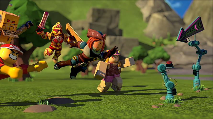 Roblox Blocky Characters in Dynamic Action Scene on Grassland HD wallpaper