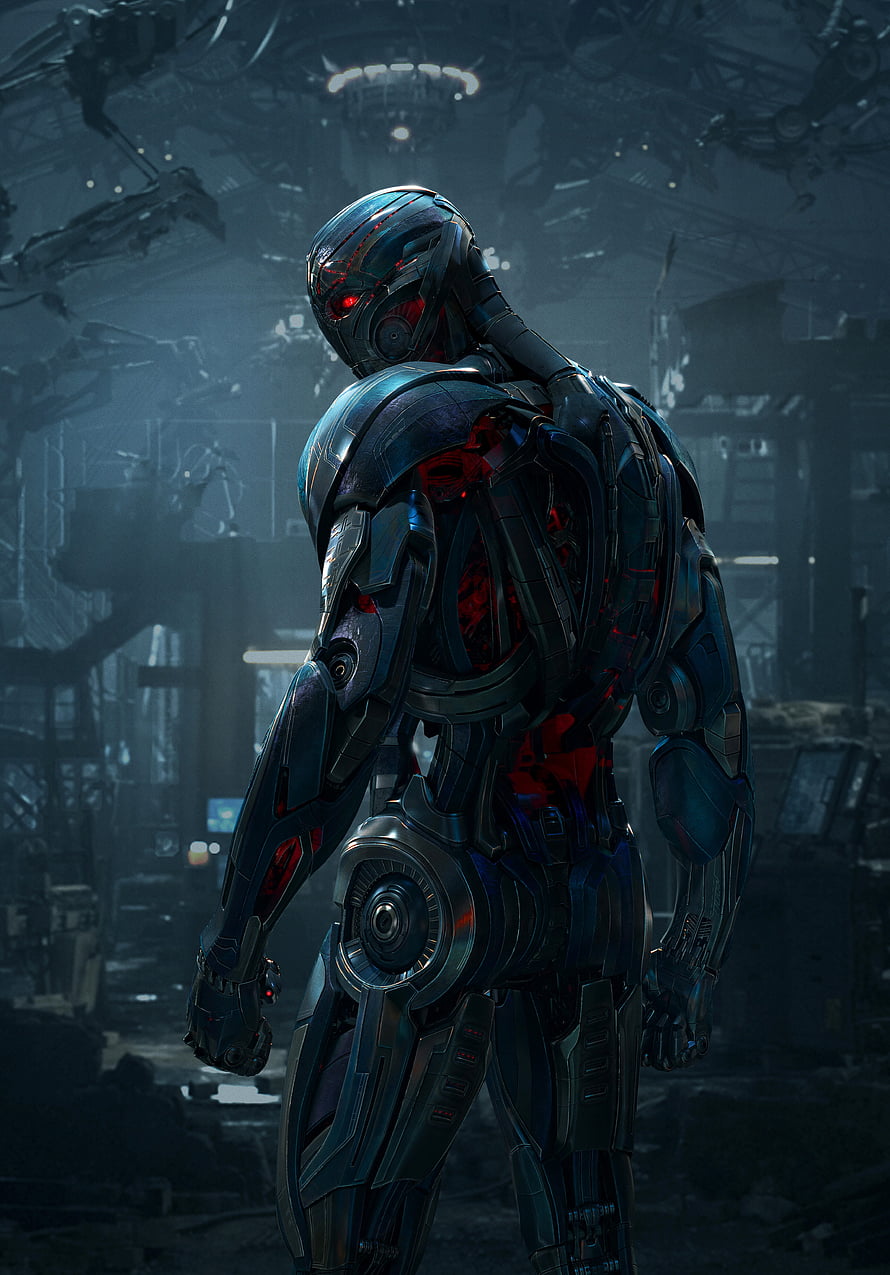 Ultron Sentinel Robot in Dark Industrial Setting with Red Glowing Eyes HD phone wallpaper