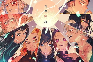 Demon Slayer Hashira Characters Radial Fan Art with Japanese Calligraphy HD wallpaper