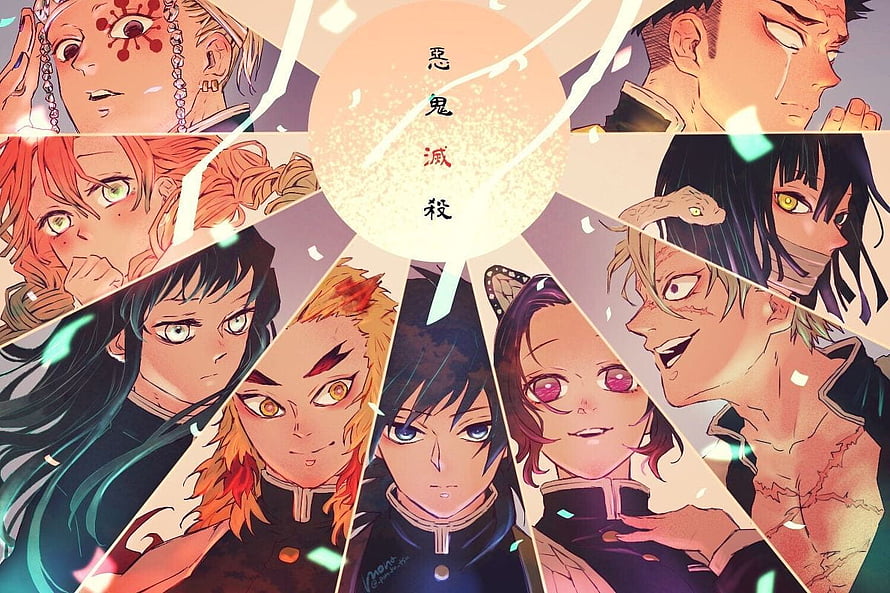 Demon Slayer Hashira Characters Radial Fan Art with Japanese Calligraphy HD wallpaper