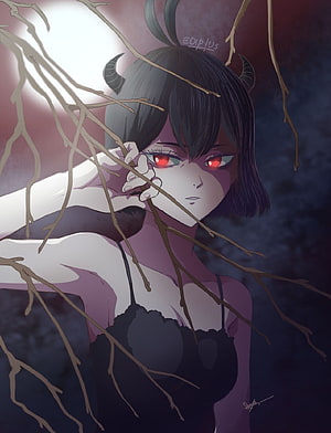 Vanica from Black Clover with glowing red eyes and horns in a dark forest setting HD phone wallpaper