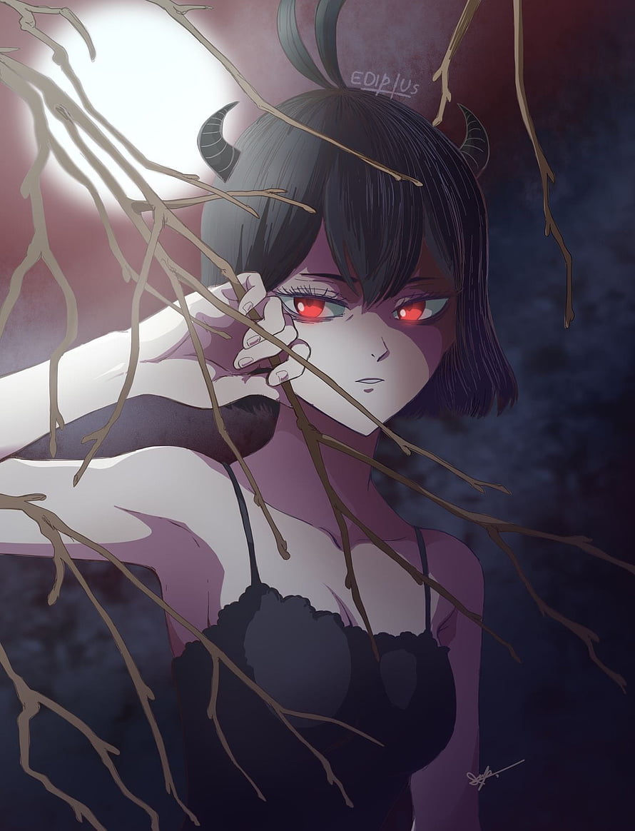 Vanica from Black Clover with glowing red eyes and horns in a dark forest setting HD phone wallpaper