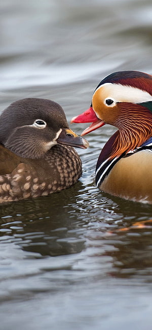 Mandarin Duck Pair Swimming Together in Calm Water HD phone wallpaper