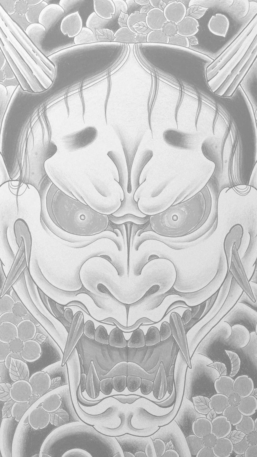 Yakuza 0 Grayscale Oni Mask Illustration with Cherry Blossoms and Traditional Japanese Demon Art HD phone wallpaper