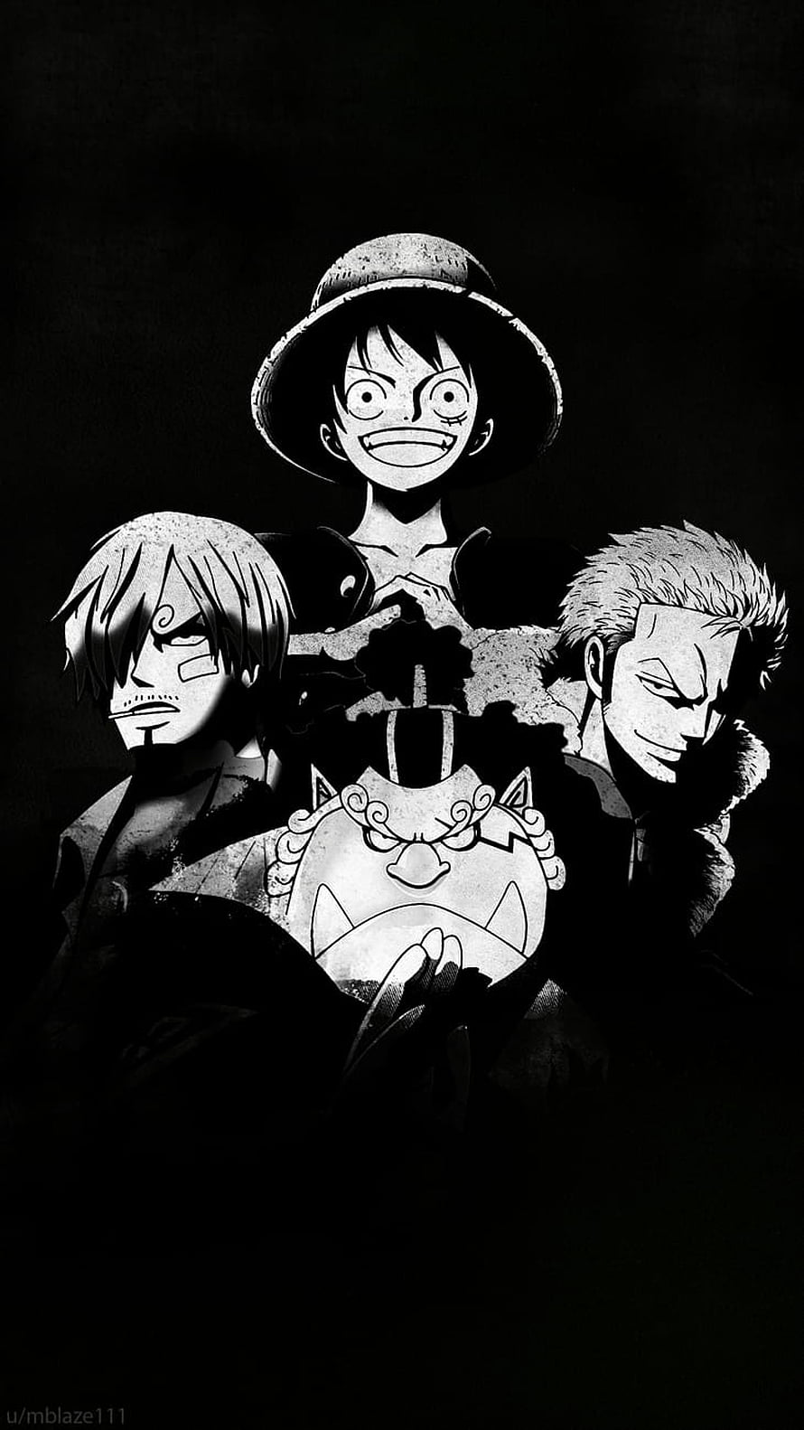 One Piece Black and White Anime Artwork Featuring Luffy, Sanji, and Zoro in High Contrast Style HD phone wallpaper