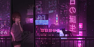 Anime Girl and Cat on Balcony Overlooking Neon Cyberpunk City at Night HD wallpaper