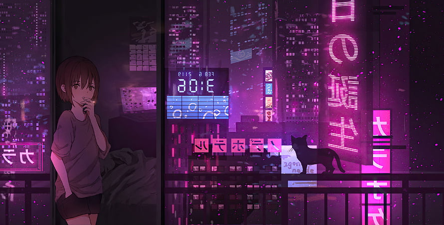 Anime Girl and Cat on Balcony Overlooking Neon Cyberpunk City at Night HD wallpaper