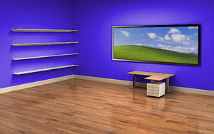 Modern office interior with vibrant blue walls, wooden floor, and large landscape display screen HD wallpaper