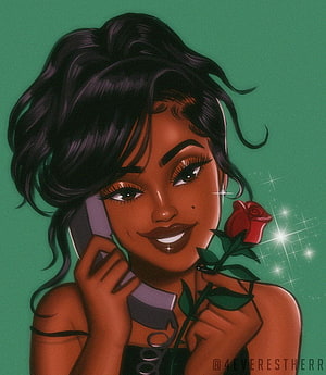 Digital Illustration of a Smiling Woman Holding a Rose and Phone Against a Green Background, pretty black girl cartoon, #Black Girl Cartoon HD phone wallpaper