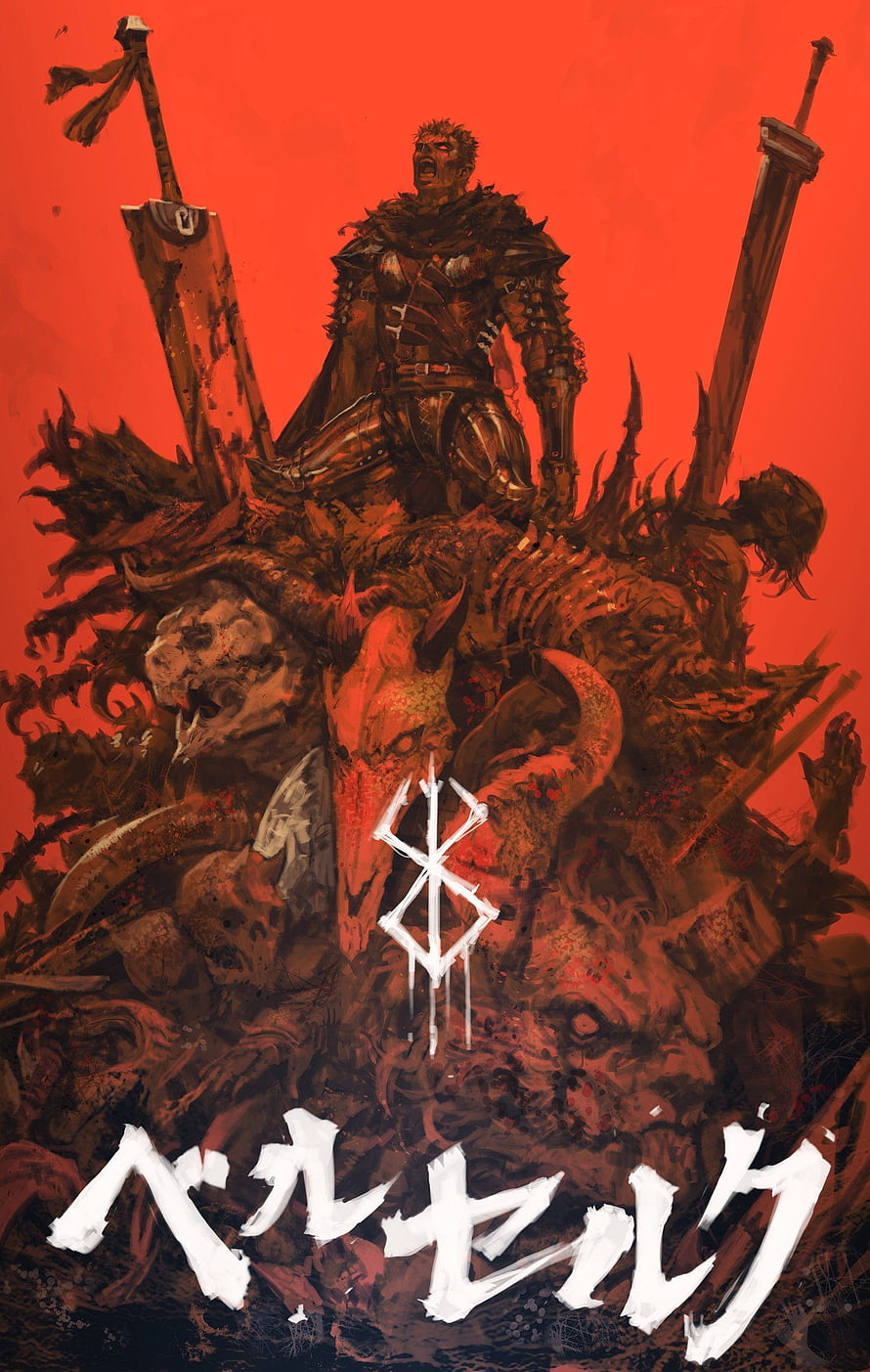 Berserk Manga Key Visual: Guts on a Throne of Skulls and Swords HD phone wallpaper
