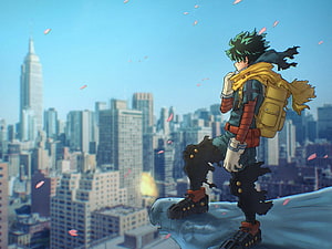 Izuku Midoriya Standing on a Rooftop Overlooking a City Skyline with Falling Petals HD wallpaper