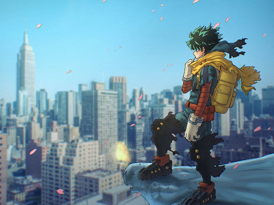Izuku Midoriya Standing on a Rooftop Overlooking a City Skyline with Falling Petals HD wallpaper