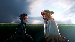 Tanjiro and Rengoku Face to Face in Demon Slayer Anime Scene HD wallpaper