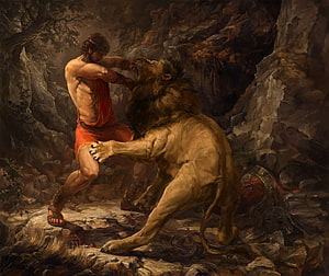 Hercules Wrestling the Nemean Lion in a Dramatic Mythological Painting HD wallpaper
