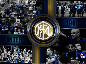 Inter Milan Football Club Crest and Player Collage Wallpaper HD wallpaper