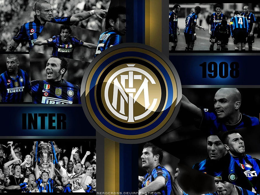 Inter Milan Football Club Crest and Player Collage Wallpaper HD wallpaper