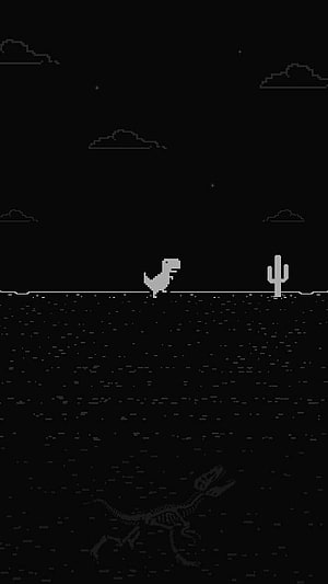 Minimalist Pixel Art T-Rex Runner in Dark Mode with Cactus and Fossil HD phone wallpaper