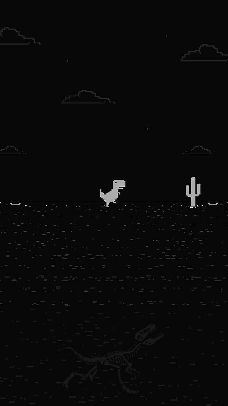 Minimalist Pixel Art T-Rex Runner in Dark Mode with Cactus and Fossil HD phone wallpaper