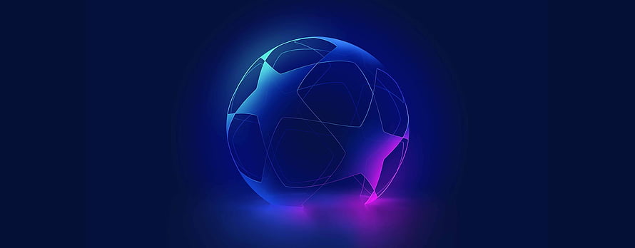 Glowing Neon UEFA Champions League Ball with Blue and Purple Light on Dark Background HD wallpaper