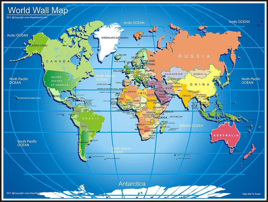 Colorful Political World Map with Country Borders and Ocean Labels HD wallpaper
