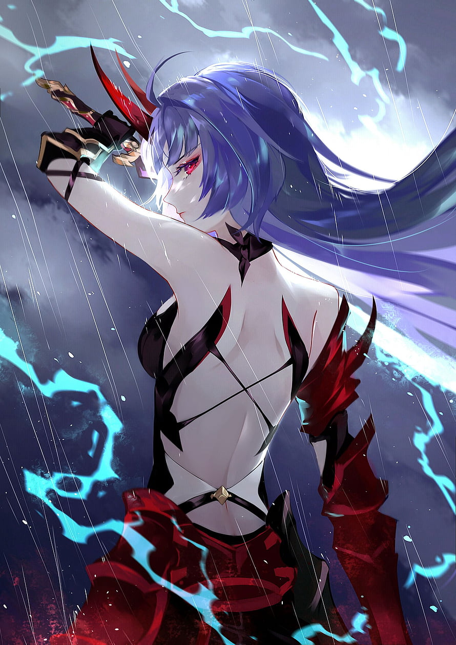 Raiden Mei Herrscher of Thunder Anime Character in Rainy Storm HD phone wallpaper