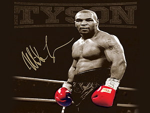 Mike Tyson Boxing Portrait with Red Gloves and Signature HD wallpaper