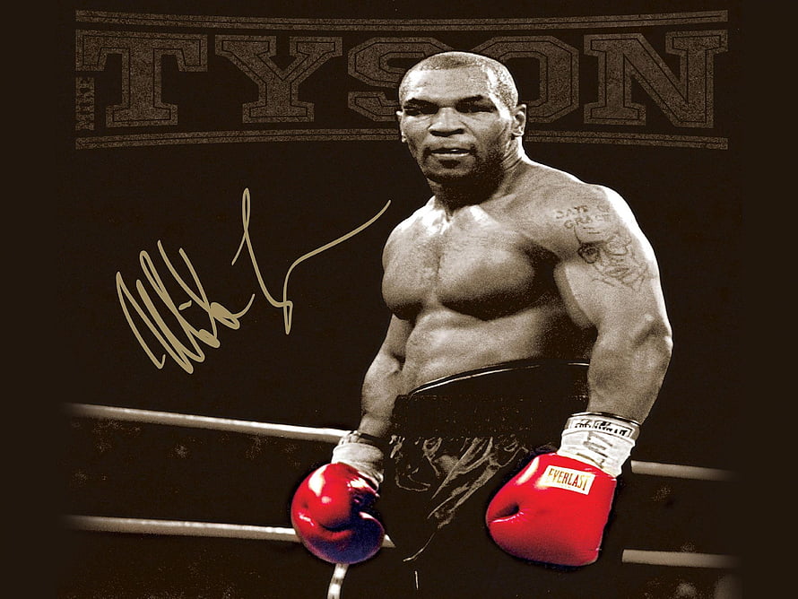 Mike Tyson Boxing Portrait with Red Gloves and Signature HD wallpaper