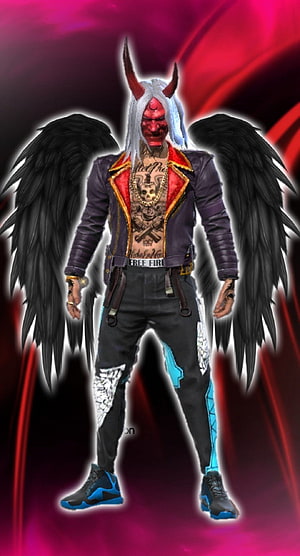 Free Fire Demon Character with Black Wings and Red Horns in Leather Jacket HD phone wallpaper