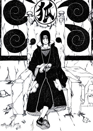 Itachi Uchiha Seated on a Stone Throne in Black and White Manga Art HD phone wallpaper