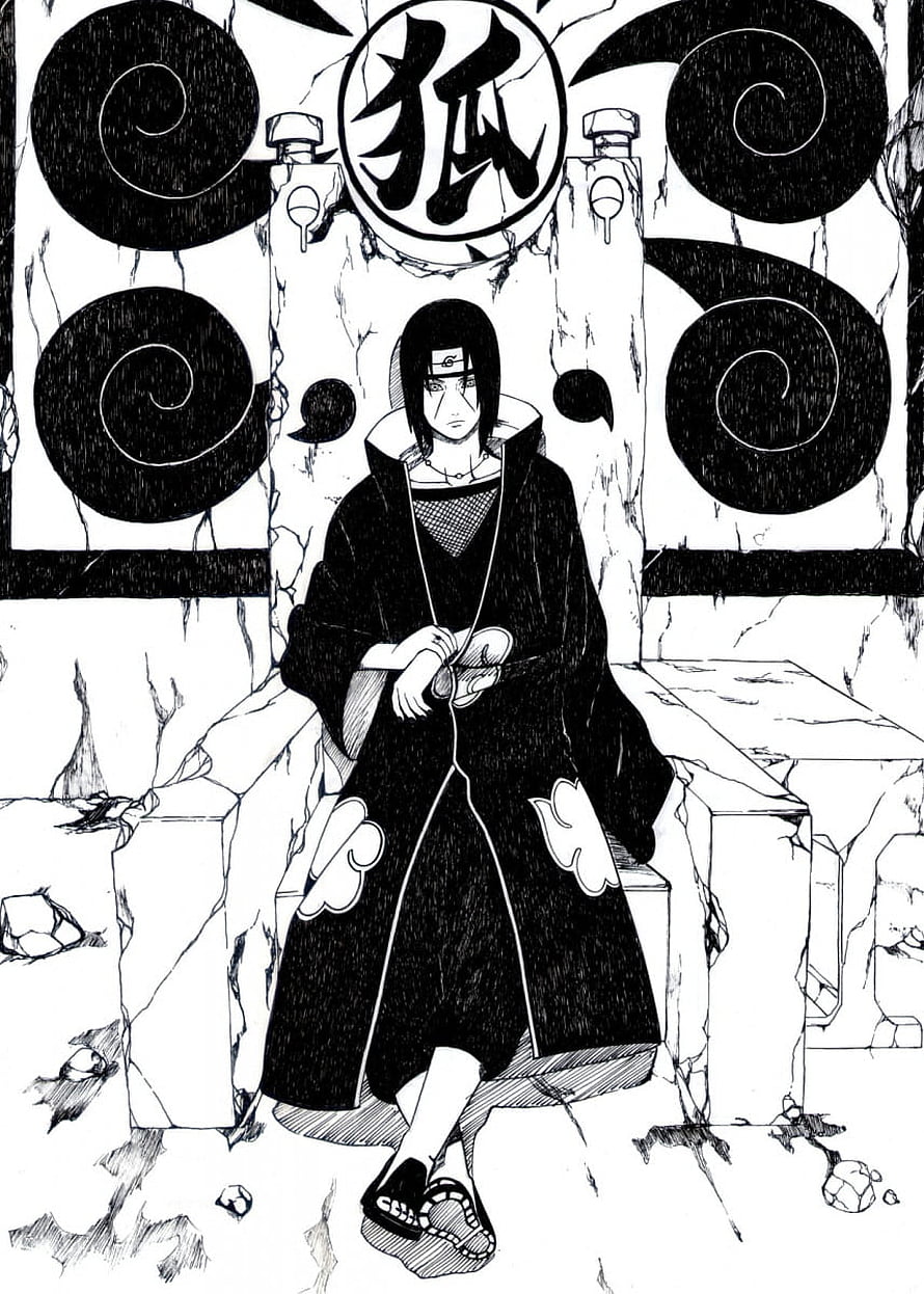 Itachi Uchiha Seated on a Stone Throne in Black and White Manga Art HD phone wallpaper