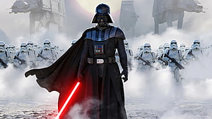 Darth Vader with Red Lightsaber Leading Imperial Army and AT-AT Walkers in Star Wars HD wallpaper