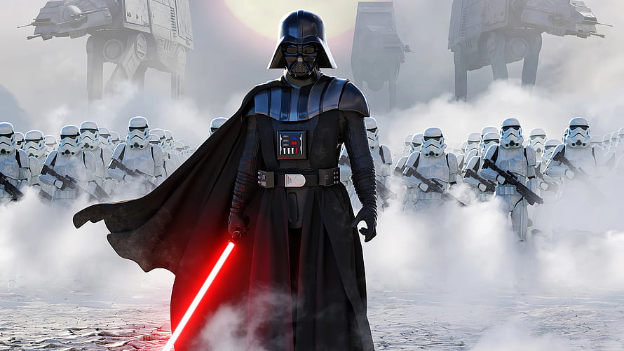 Darth Vader with Red Lightsaber Leading Imperial Army and AT-AT Walkers in Star Wars HD wallpaper