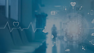 Medical Technology Infographic with ECG Line and Healthcare Icons on Blue Background HD wallpaper
