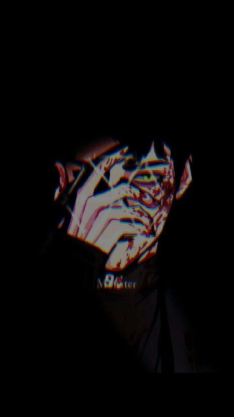 Dark Anime Male Character Portrait with Glitch Effect and Blood Splatter HD phone wallpaper